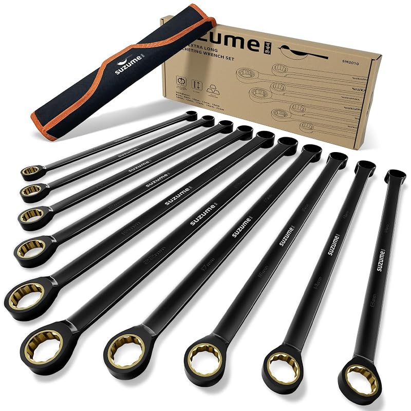 Kit de Chaves Estrela com Catraca SUZUME Extra Longas, Dupla Boca, Métricas de 8 a 22 mm, Aço Cromo-Vanádio, 10 Peças