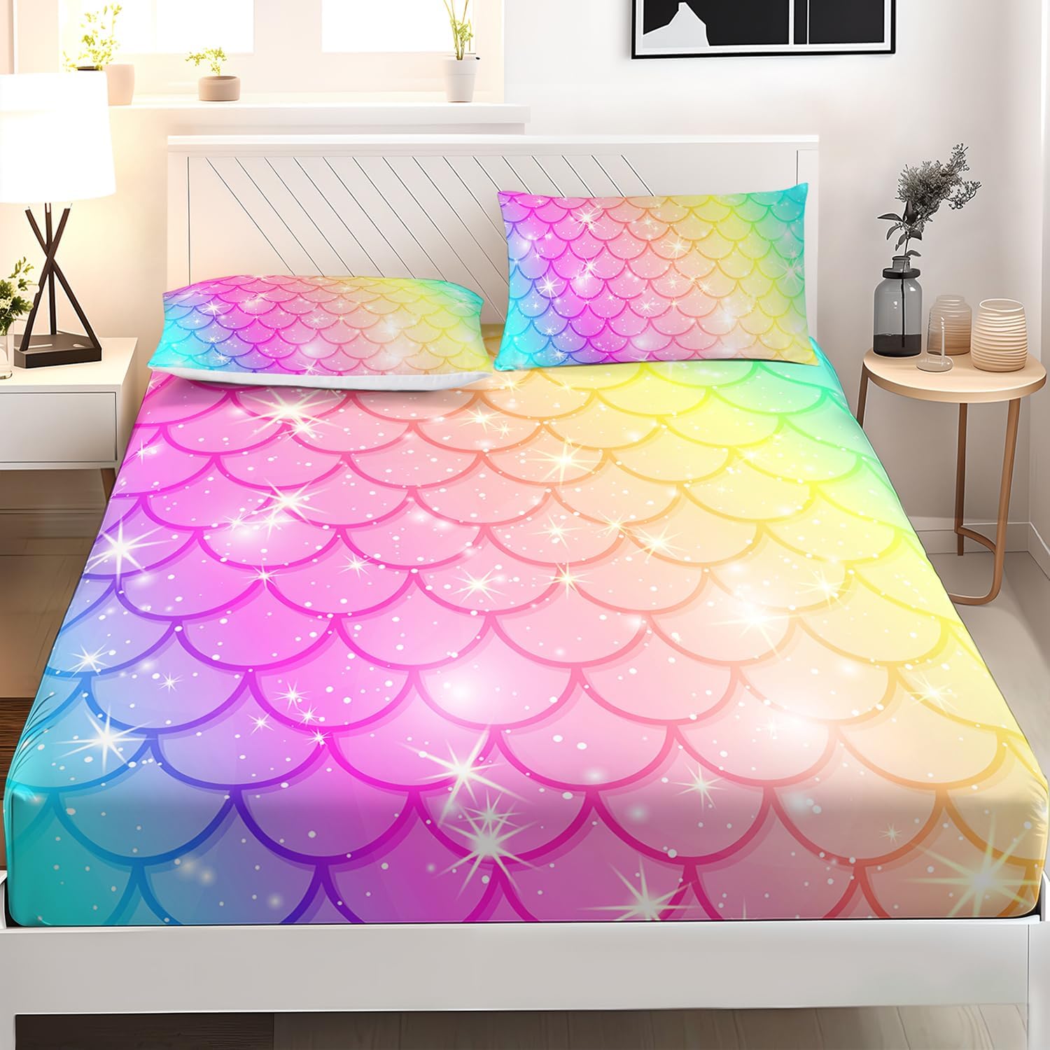 AILONEN Mermaid Scale Fitted Sheet Set Twin XL Size,Rainbow Mermaid Scale Sheet Set for Kids Boys Girls,1 Fitted Sheet and 2 Pillowcases,3 Pieces Bed Sheet Set