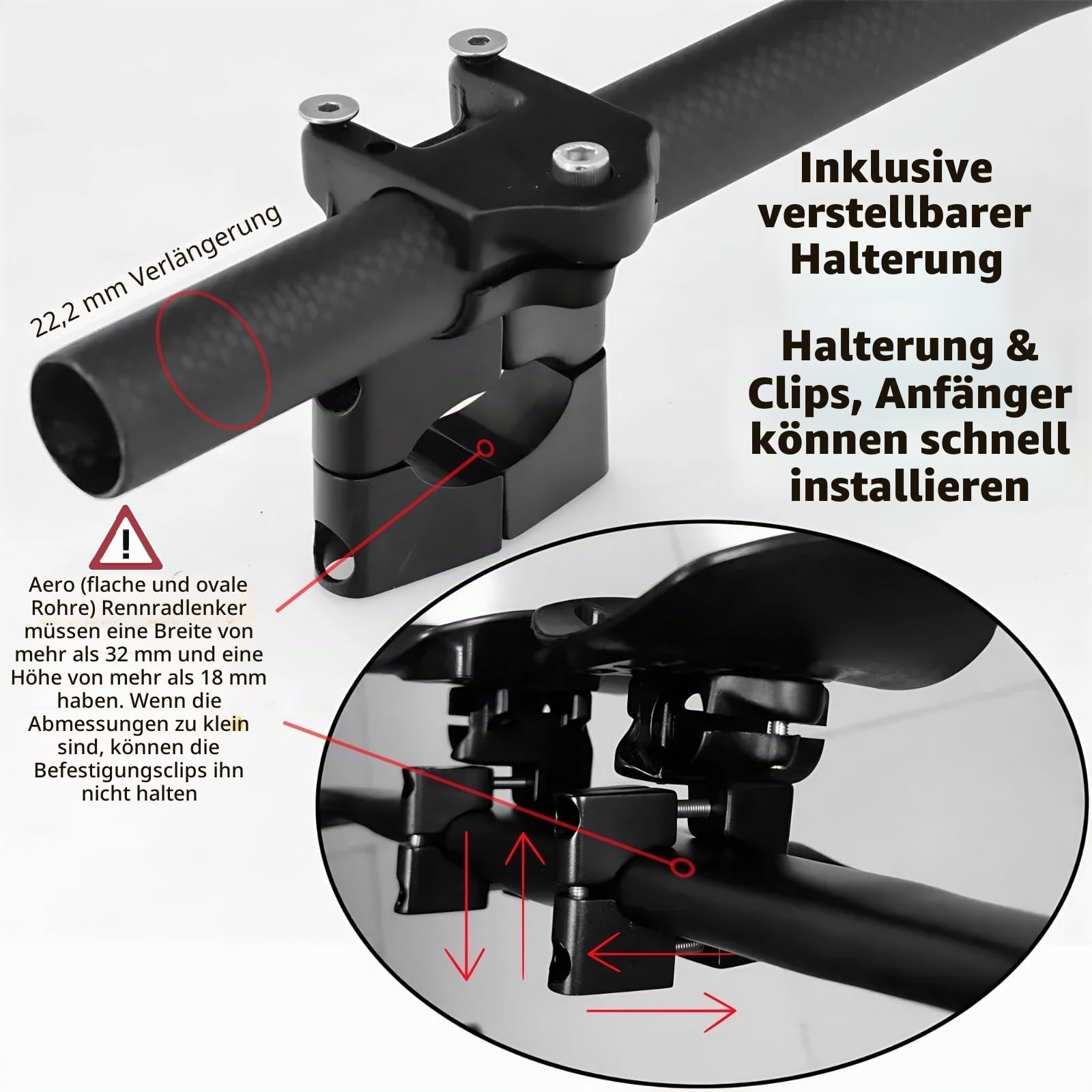 Bike TT Aero Lenkerklemmen-Set, Carbon Triathlon Trial Fixie-Fahrrad Ruhelenker-Verlängerungs-Montagehalterungen mit Armlehnen-Pads, für MTB Rennrad-Lenker, Dropbar (für Aero Bar)