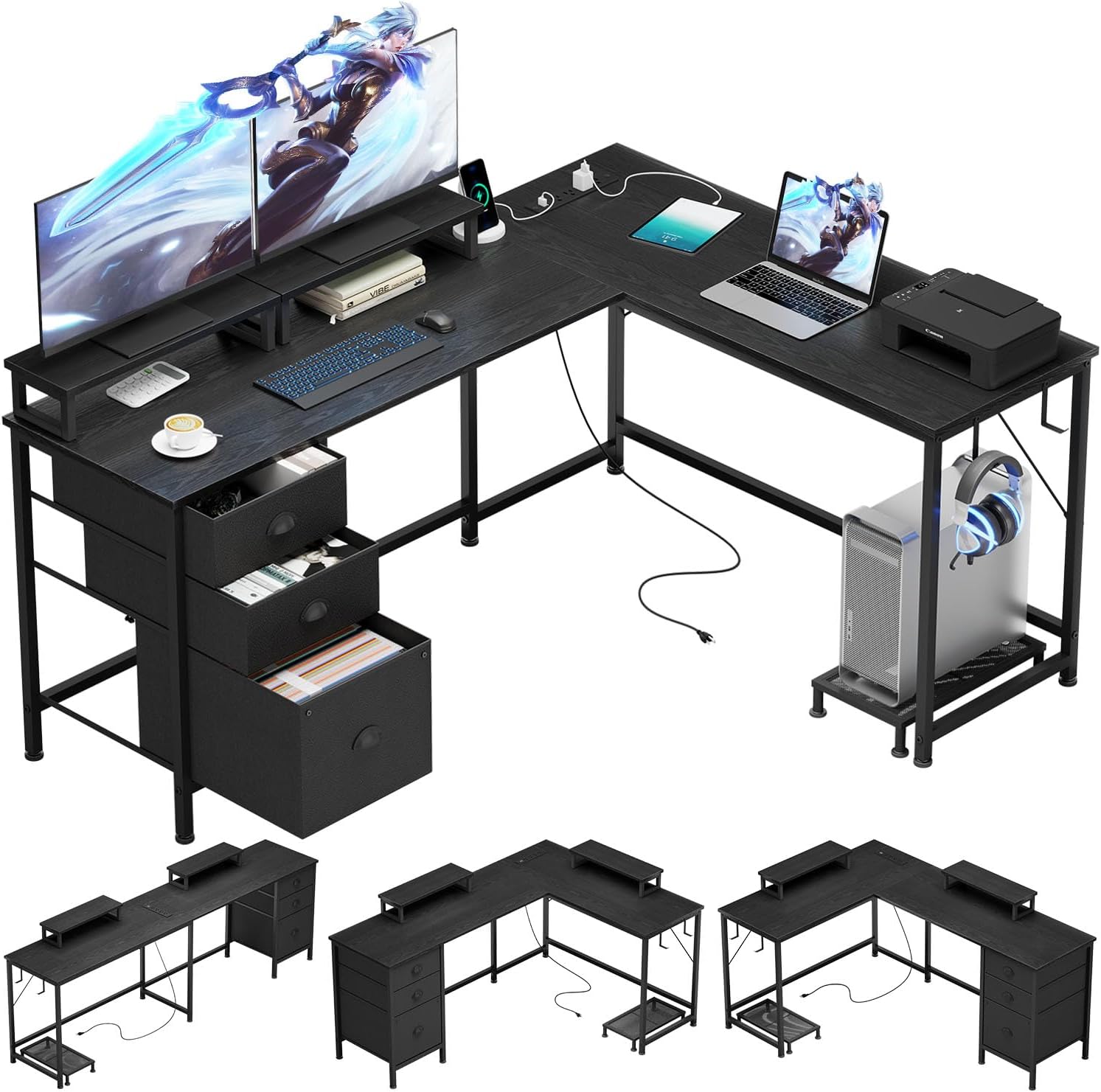 66" L Shaped Desk with Power Outlets, Reversible Computer