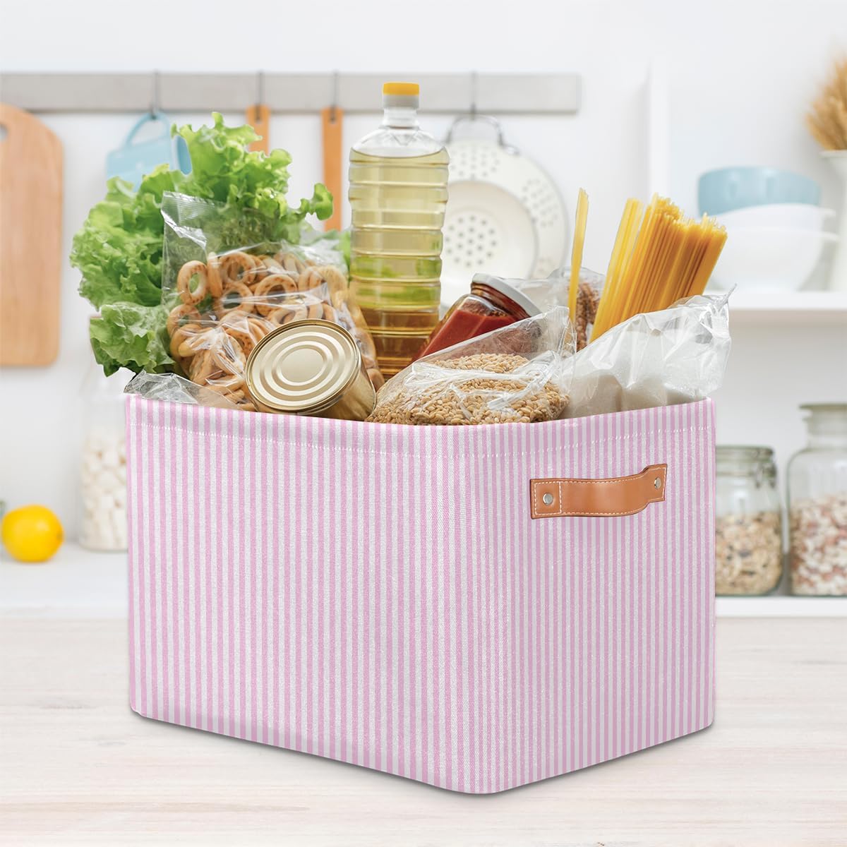 Collapsible Storage Bin 15x11in Light Pink Stripe Easter Storage Basket for Shelves, Dog Toy Organizing