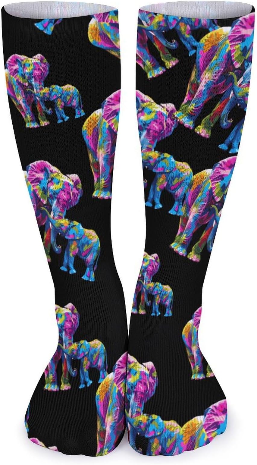 Colorful Elephant Art Compression Knee High Socks Over The Calf Sock Breathable Printed Mesh Stockings