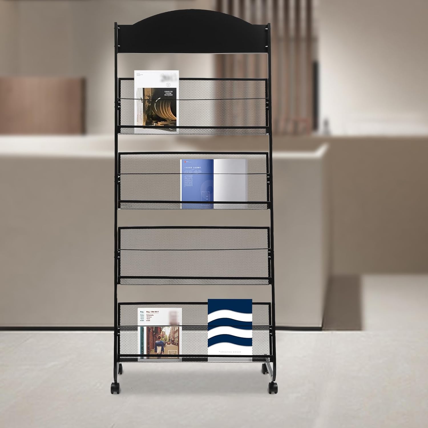 4-Tier Metal Floor-Standing Magazine Rack with Wheels - Ideal for Brochure and Document Display in Offices, Hospitals, Shopping Malls, and Exhibitions (Black)