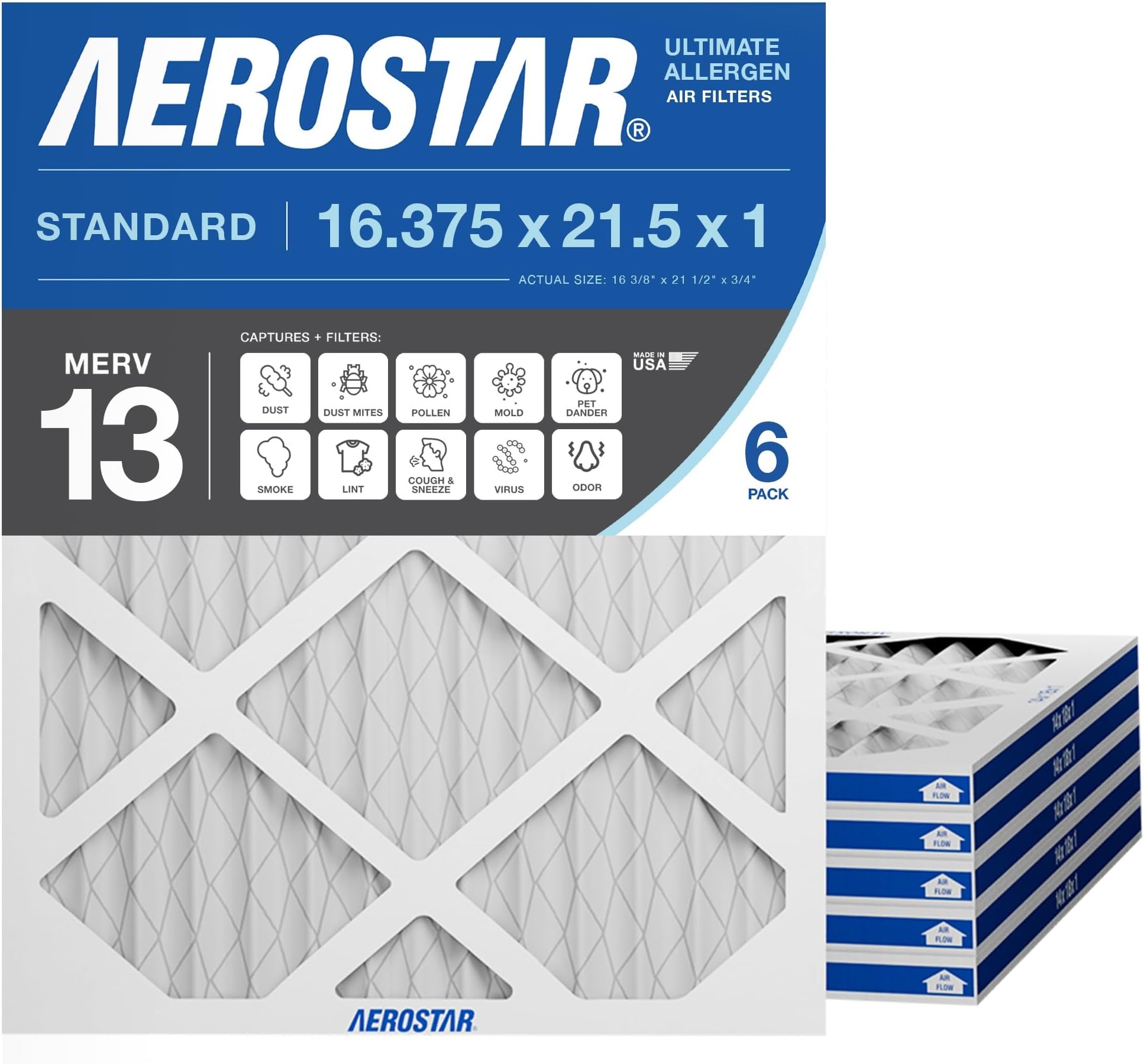 Aerostar 16.375x21.5x1 MERV 13 Air Filter, 6 Ct, ACTUAL SIZE (16.50 x 21.50 x 0.75), HVAC, Air Conditioning & Furnace Filter for Allergies, Dust, Pet Dander & Smoke (MPR 1500 / FPR 10), Made in USA