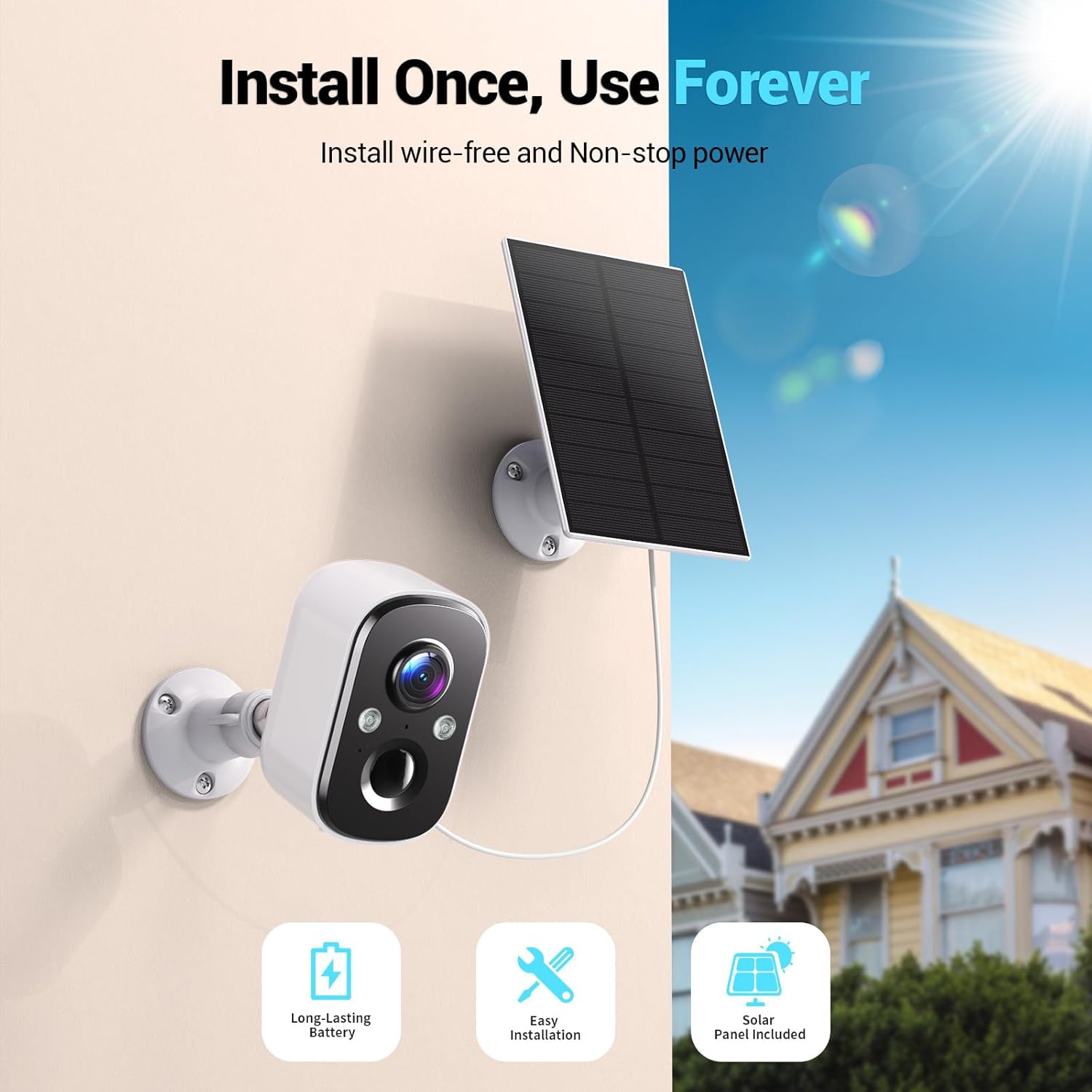 Techage CG6E camera and solar panel mounted on an outdoor wall