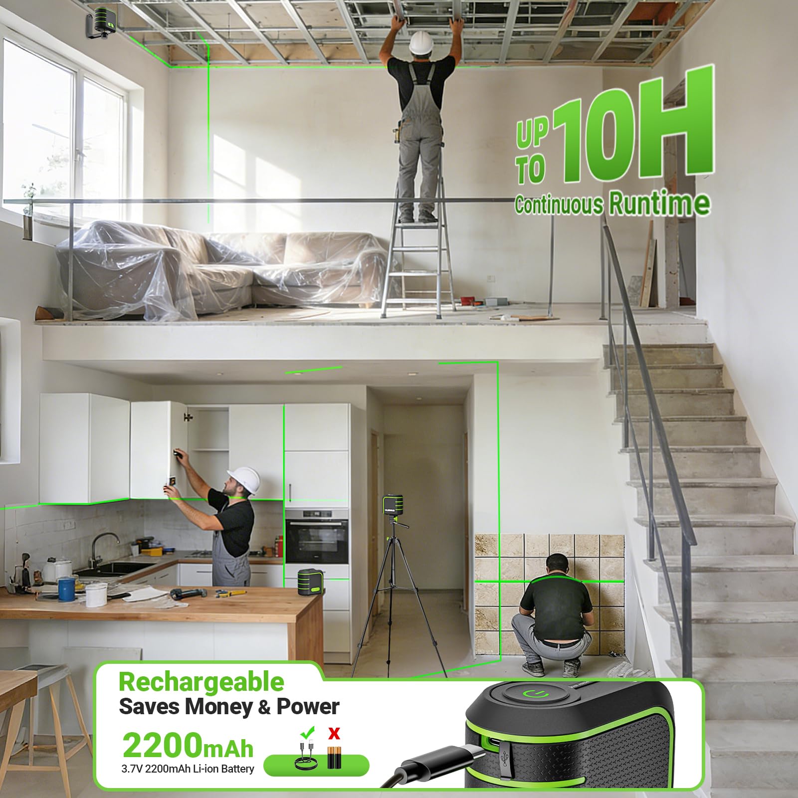 Huepar Livella Laser Verde Autolivellante con Treppiede 150 cm – U011GTP | Linee Incrociate,Resistente a Cadute da 100cm,Base Magnetica 360°,Modalità Impulso 50m per Piastrellisti e Ristrutturazioni