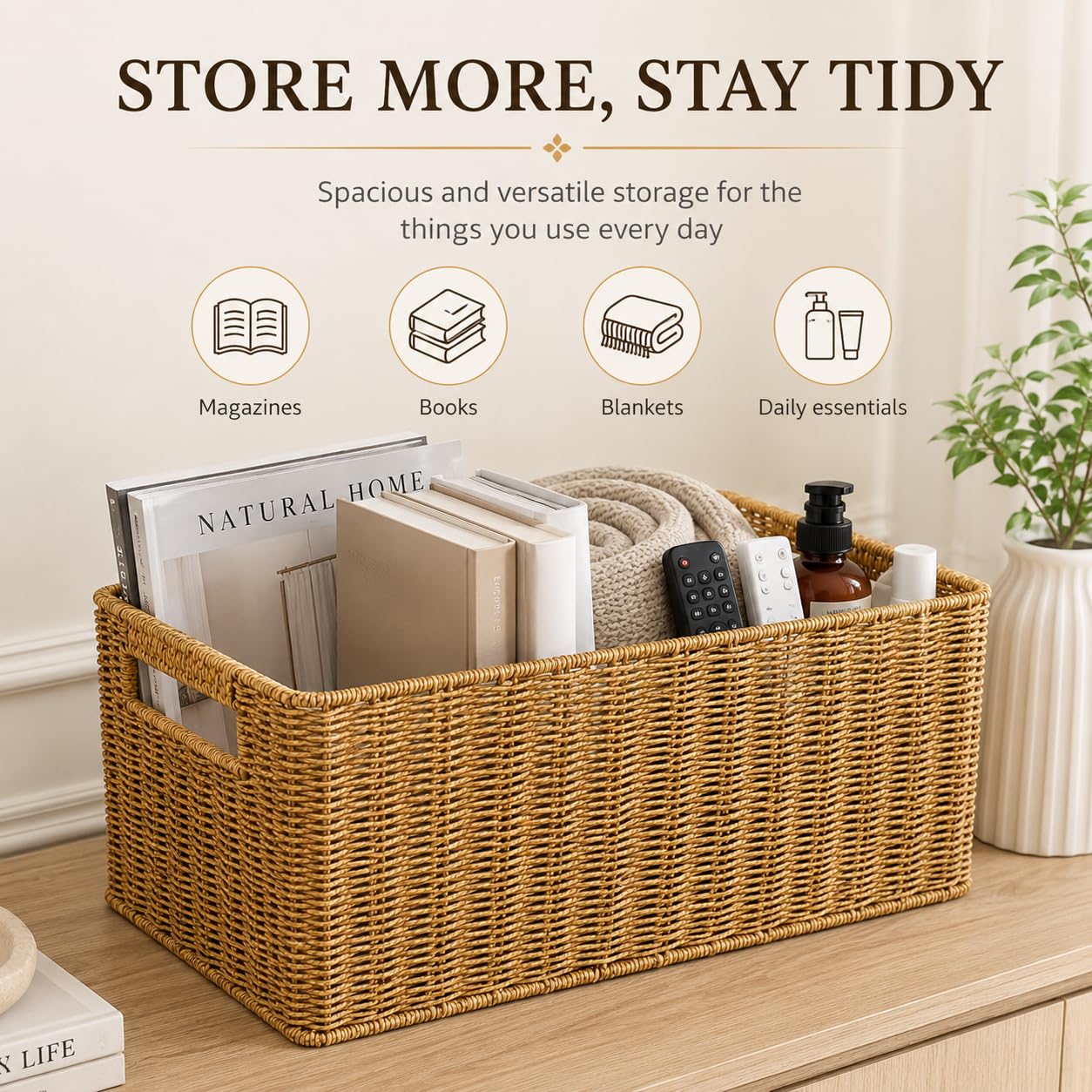 Healeved Panier de rangement tressé style rotin porte-revues avec poignées | Grand panier de rangement aspect rotin naturel pour magazines, livres, collations, cosmétiques et utilisation à domicile