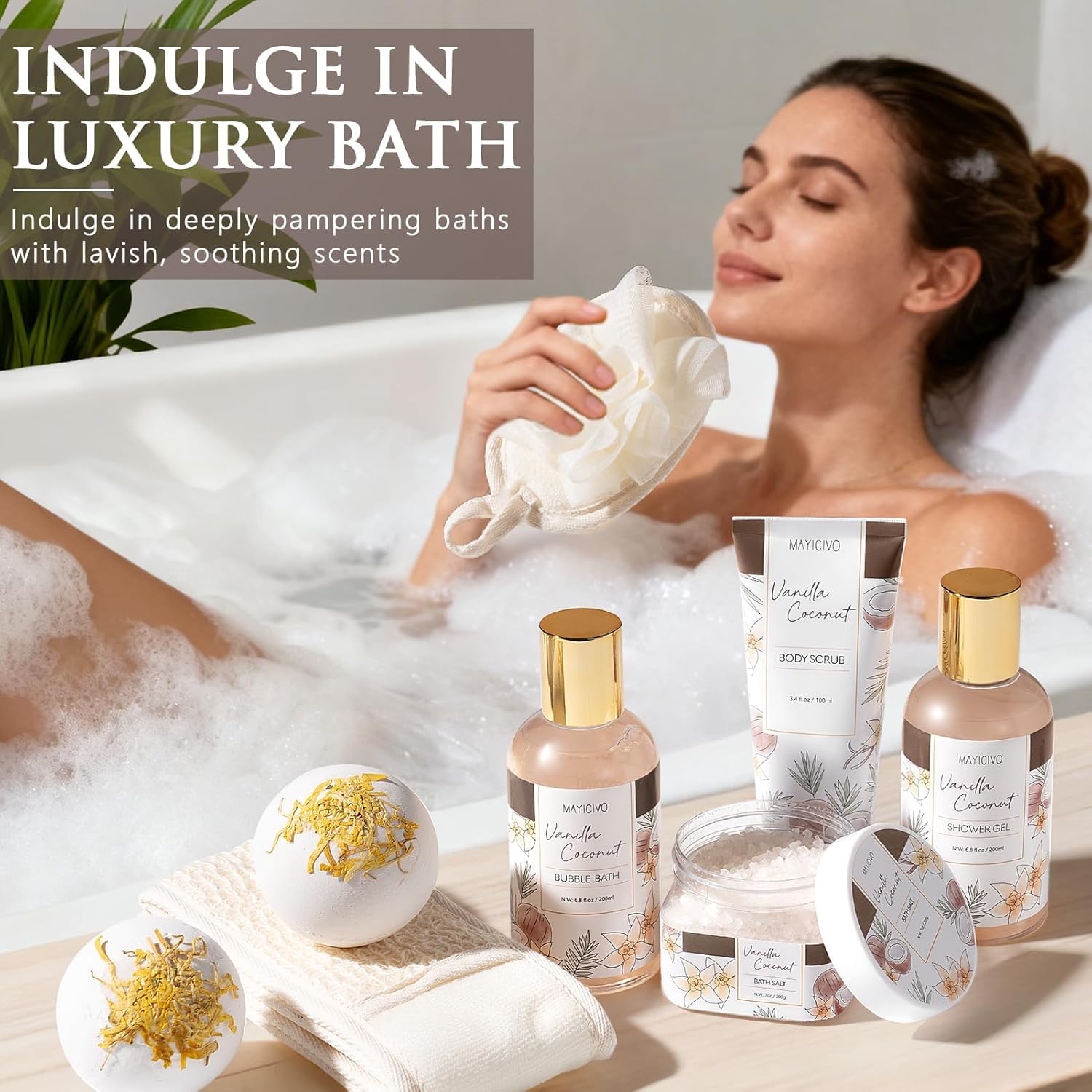 Birthday Gifts for Women, Vanilla Coconut Relaxing Spa Gift Baskets for Women Self Care Package Bath Gift Set, Home Bath and Body Kit Pamper Valentines Day Gifts for Her Womens Mom Friends Sister Wife - Image 8