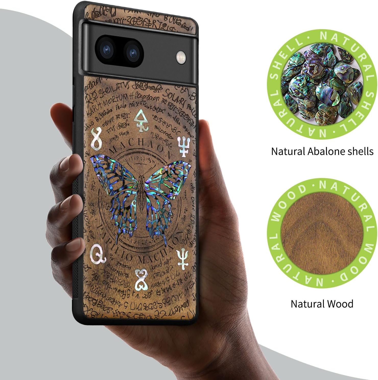 Carveit Designer Wooden Case for Google Pixel 8 Case Protective Cover [Wood Engraving & Shell Inlay] Compatible with Wireless Chargers Pixel 8 (Papilio Machaon-Walnut)