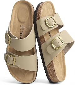 DREAM PAIRS Women's Slides Soft Genuine Footbed Sandals Comfortable Adjustable Double Buckle Slip-on Flat Sandals with Arch Support Frame Dual Slippers for Summer Footwear,Size 8,Taupe,SDSS26004W
