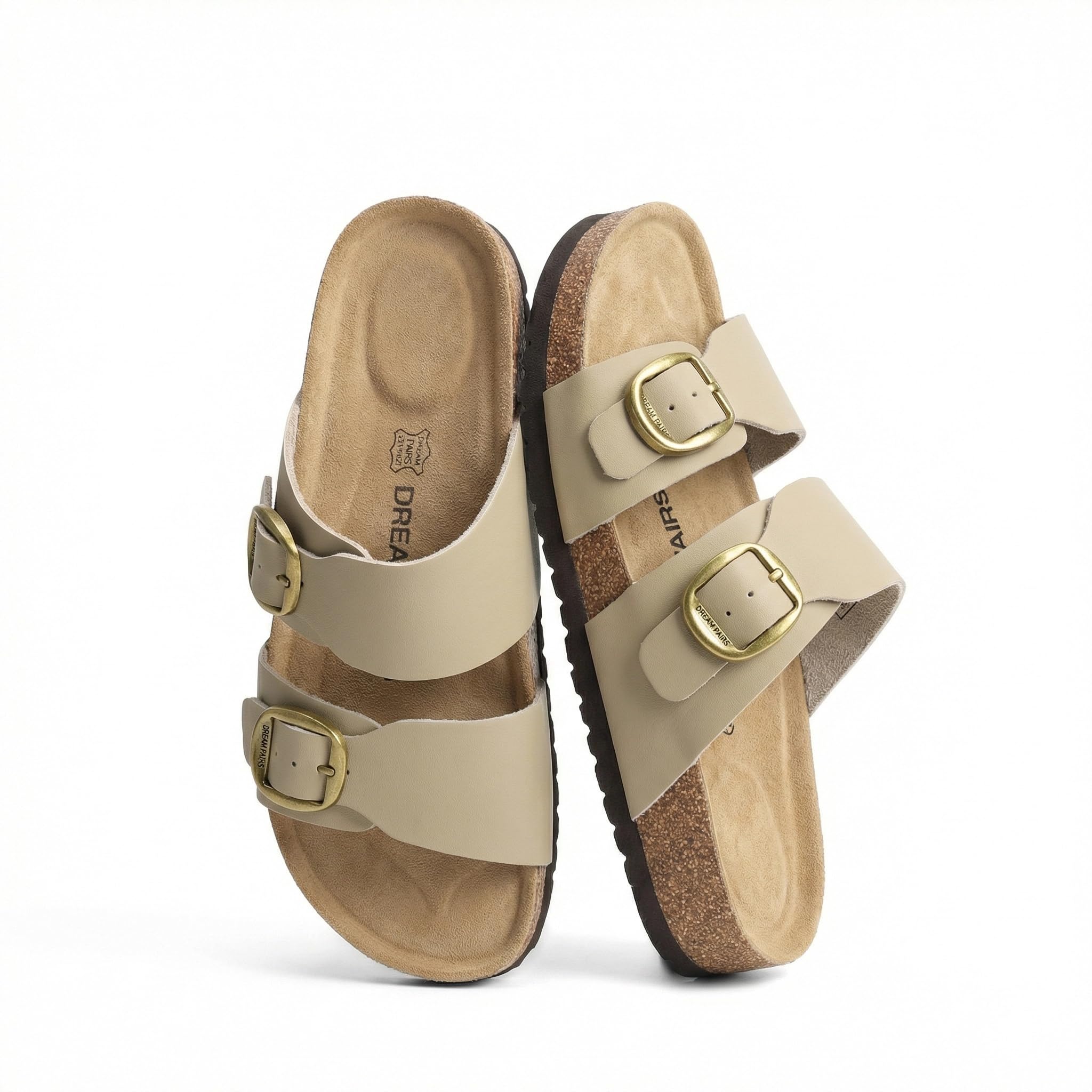 DREAM PAIRS Women's Slides Soft Genuine Footbed Sandals Comfortable Adjustable Double Buckle Slip-on Flat Sandals with Arch Support Frame Dual Slippers for Summer Footwear,Size 8,Taupe,SDSS26004W