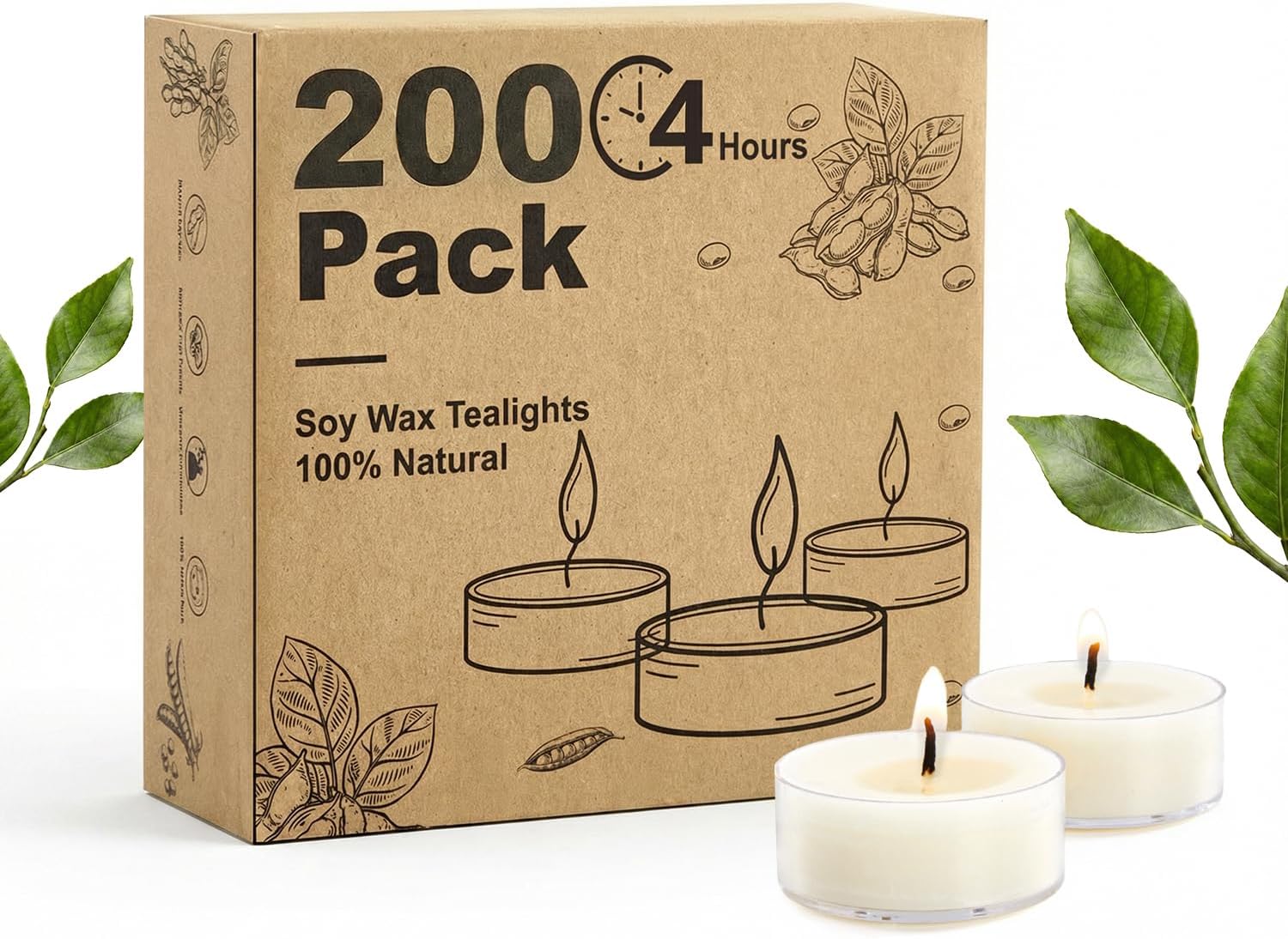Unscented Soy Tea Lights Candles 200 Pack Bulk, 4 Hours Long Burning White Tea Lights,Non-Paraffin, Smokeless, Mini Tealight Votive Candles for Wedding, Table Centerpiece, Christmas Lights