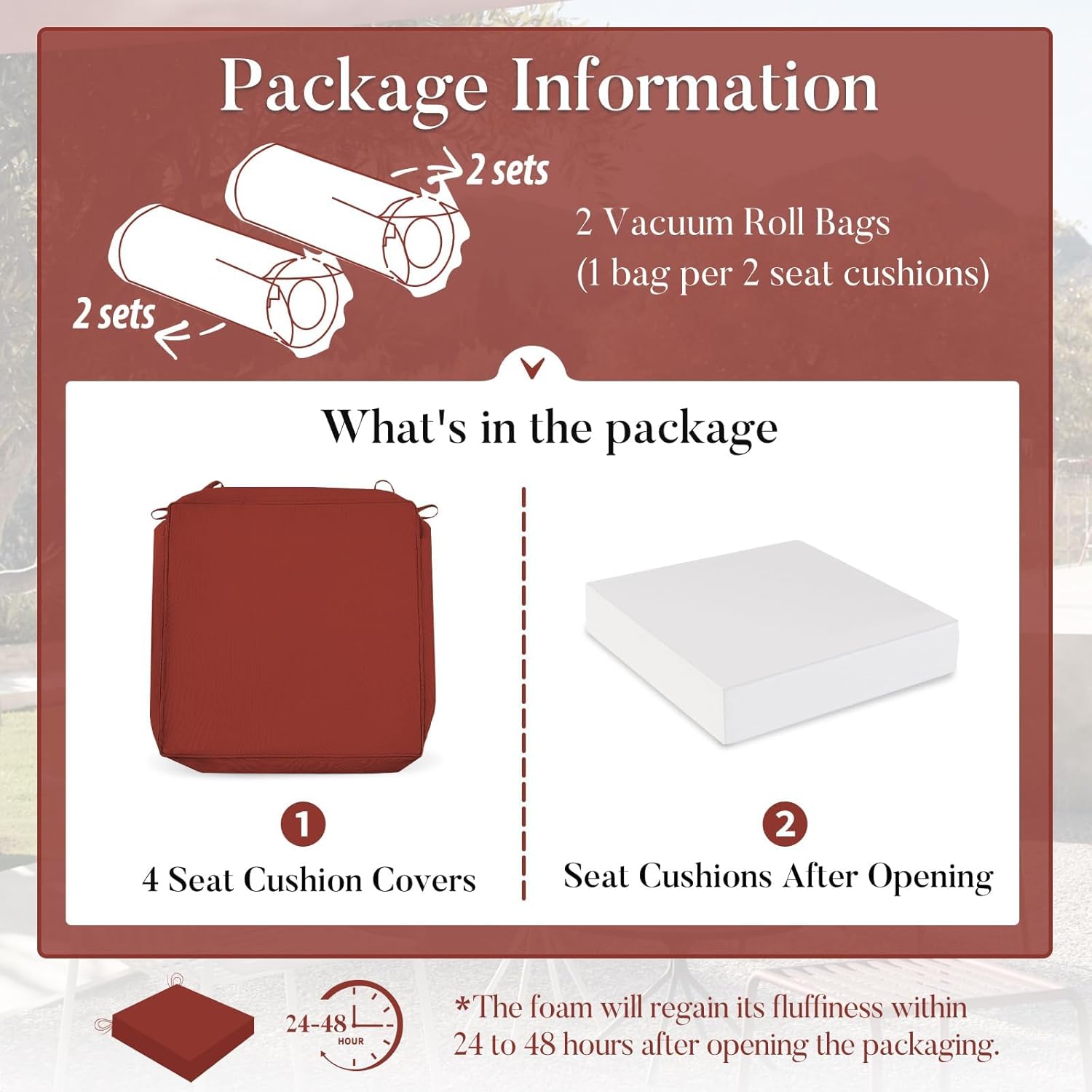 Basic Beyond Outdoor Chair Cushions for Patio Furniture, Waterproof Outdoor Seat Cushions Set of 4 19 x 19, Patio Chair Cushions Set of 4 with Ties and Handle, Brick Red