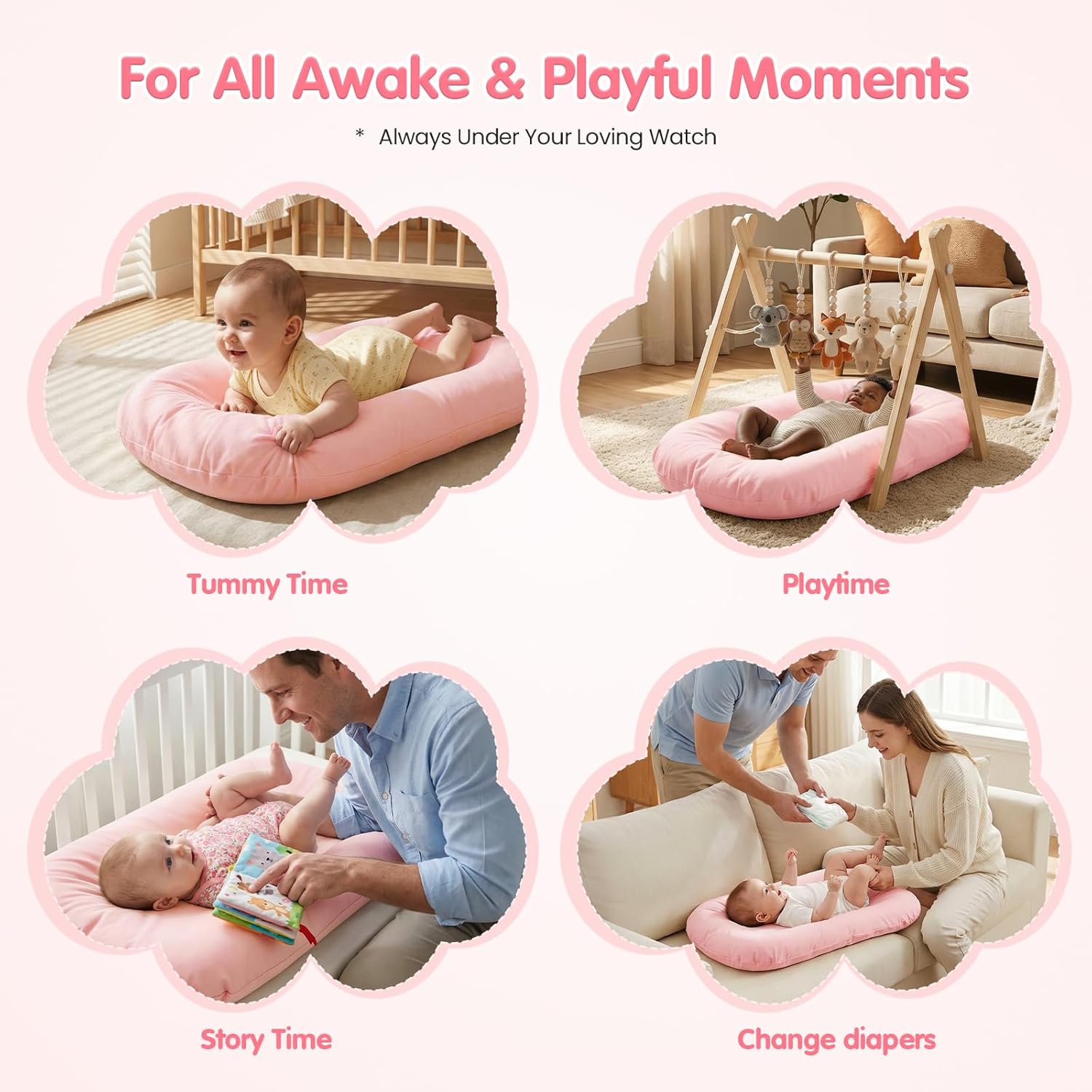 Infant Support Cushion, Baby Lounger 0-24 Months – Portable Tummy Time Mat & Rest Pod, Soft Cotton, Waterproof, Machine Washable, Safe for Supervised Play, Back Support (Pink)