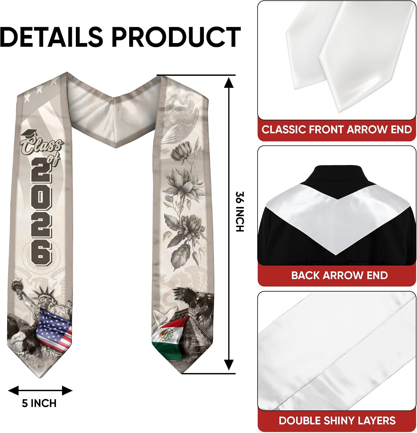 Mexican American Flag Sash 2026, Mexican Graduation Sash, Mexico Graduation Stole