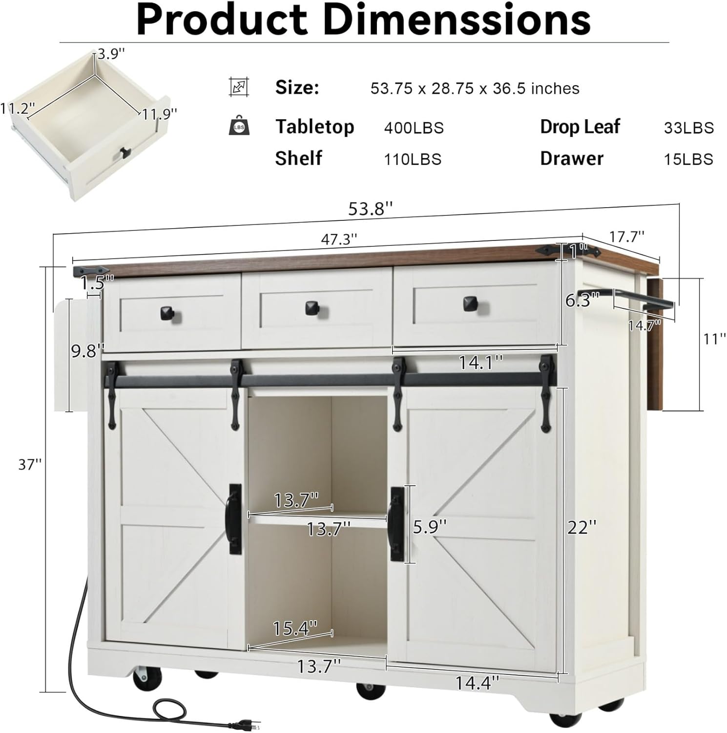 Farmhouse Kitchen Island with Barn Door Kitchen Storage Island with Drop Leaf, Spice Rack Rolling Kitchen Cart on Wheels for Home, Dining Room, White