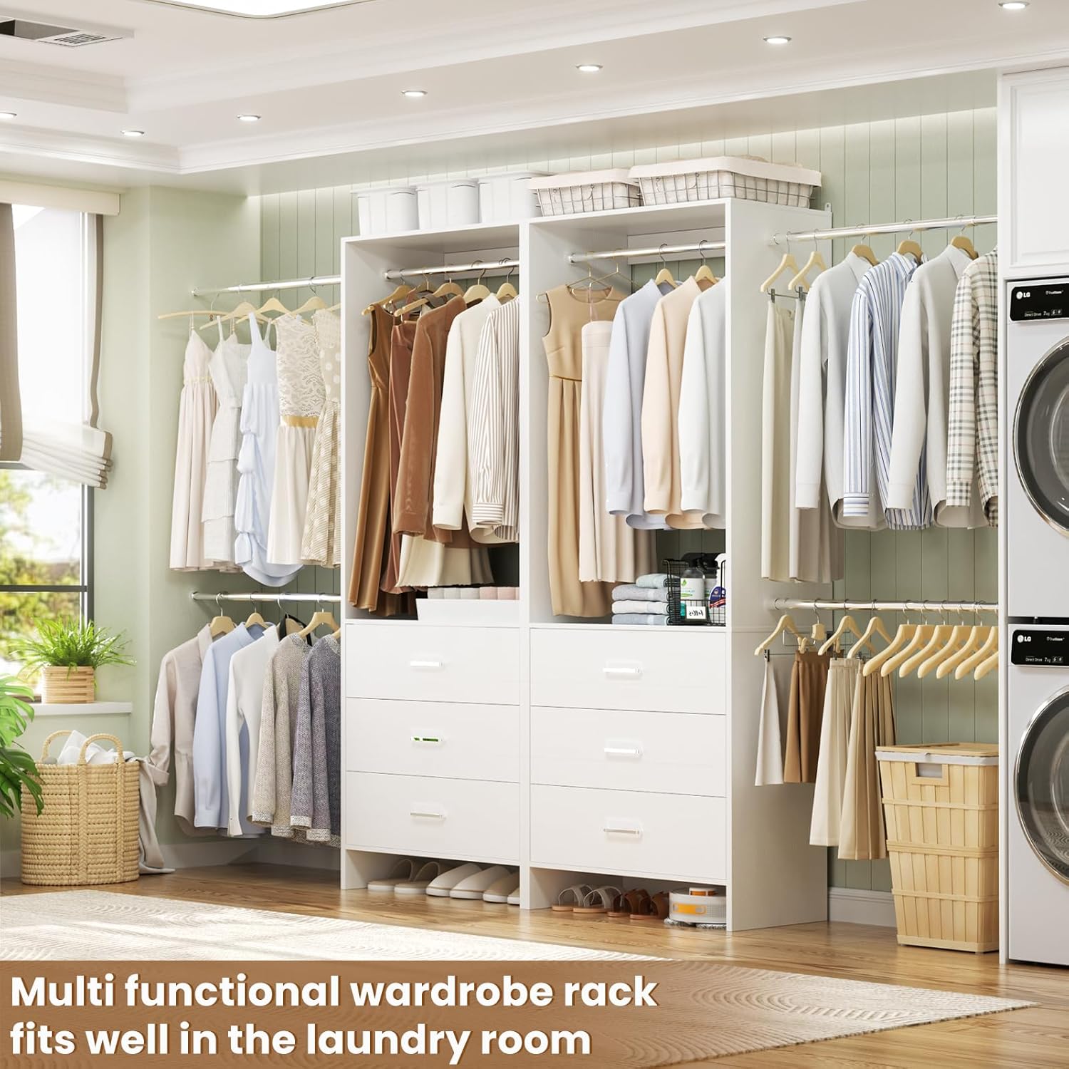 Aheaplus Closet System with 6 Drawers, 4-11.8 FT Closet Organizer with 5 Hanging Rods & Corner Tower, Corner Closet System with Hanging, Walk-In Wardrobe Organizer, 1500+ lbs Capacity, Set of 2, White