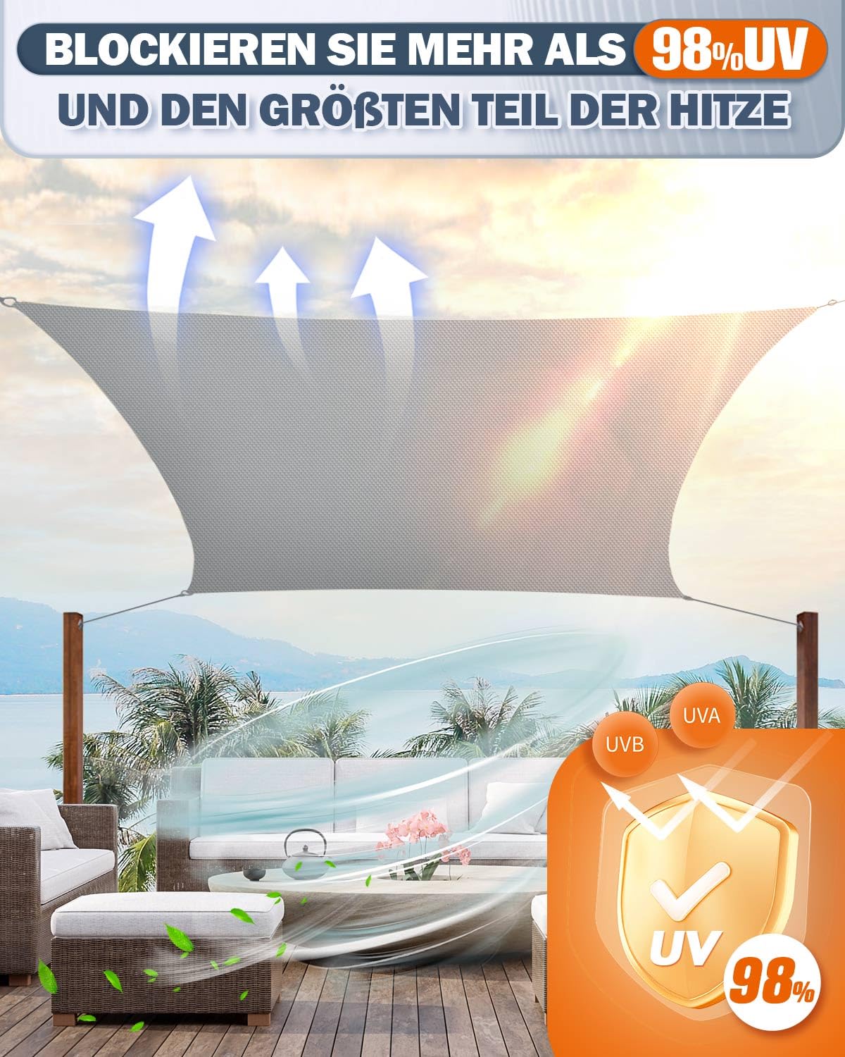 Sonnensegel Wasserdicht 3x4m Rechteckig, Premium HDPE 98% UV Atmungsaktiv, Mit Befestigung Set Und Rostschutz Ösen, Reißfest & Wetterfest, Geeignet für Außenbereich, Garten, Terrasse(Grau)