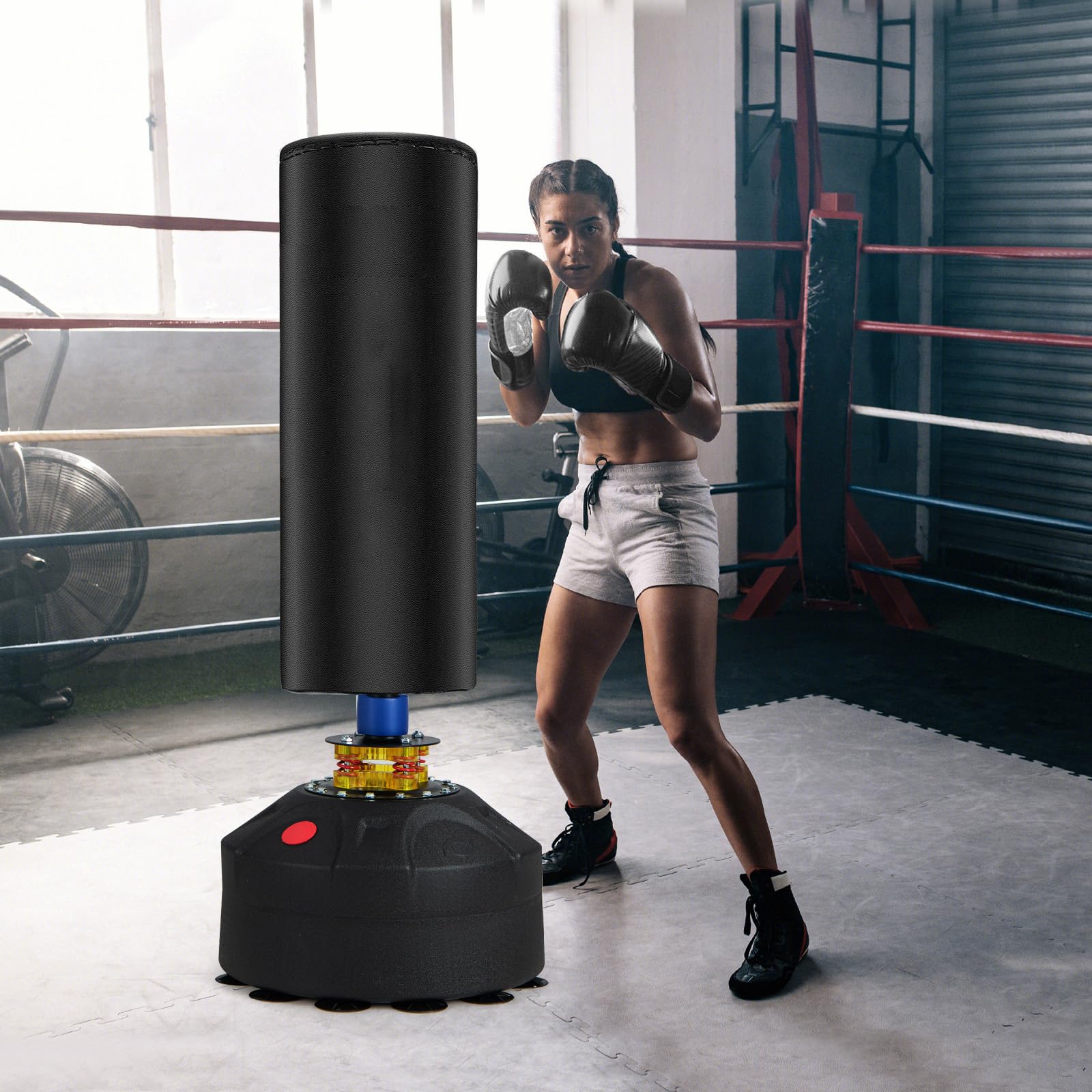 COSTWAY Sacco da Boxe 173 cm, Sacca da Boxe da Terra Autoportante e Pesante con Guantoni, Base a Ventosa, Costruzione a 5 Strati e Sistema Antivibrazioni per Adulti e Palestra Domestica