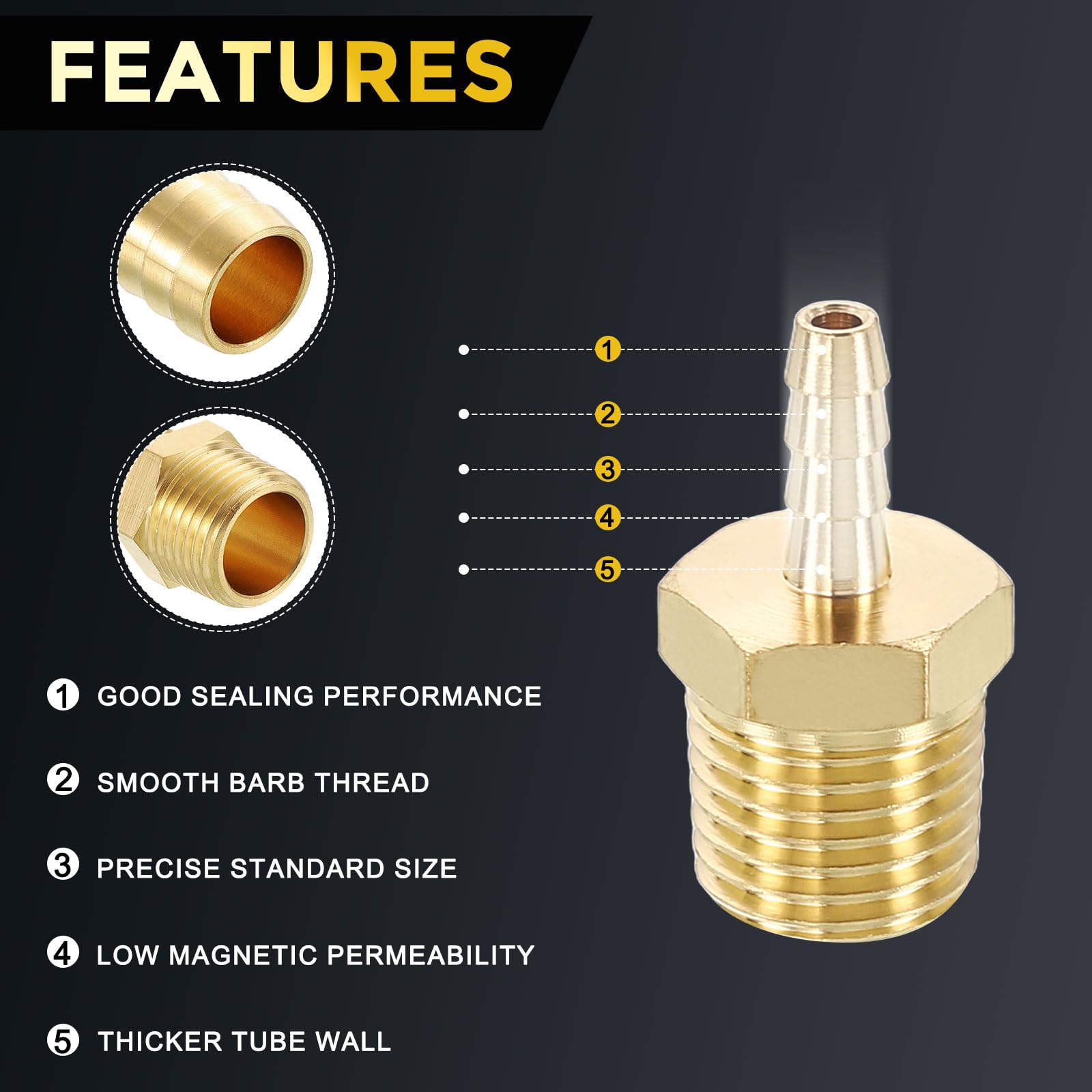 METALLIXITY 6Pcs Brass Hose Barb to NPT Male Adapter 1/8" Barb x 1/4" NPT Male for Automotive Motorcycle, Marine, Truck - Image 3