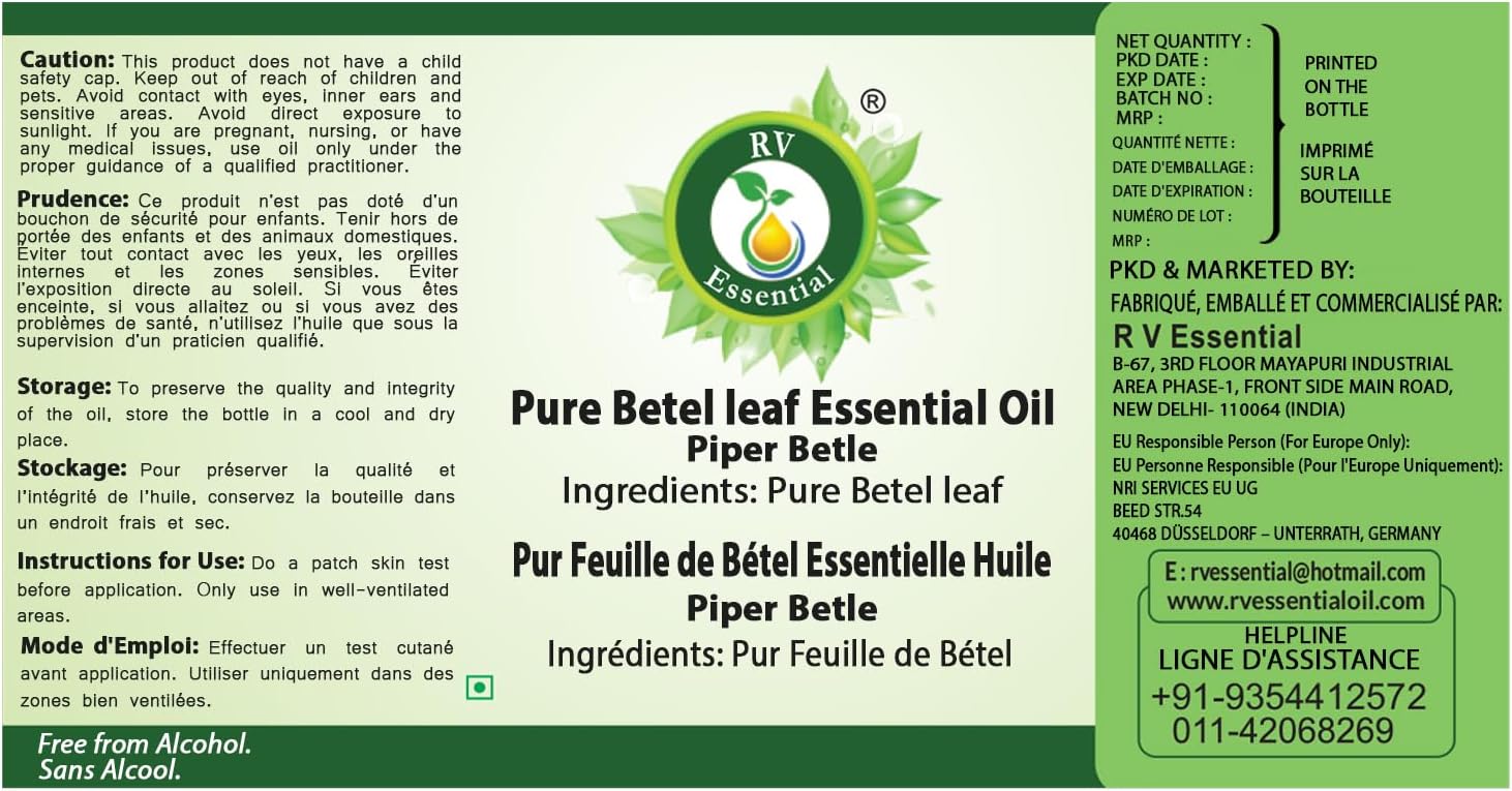 R V Essential Pure Betel Leaf Essential Oil 10ml (0.338oz)- Piper Betle (100% Pure and Natural Therapeutic Grade)
