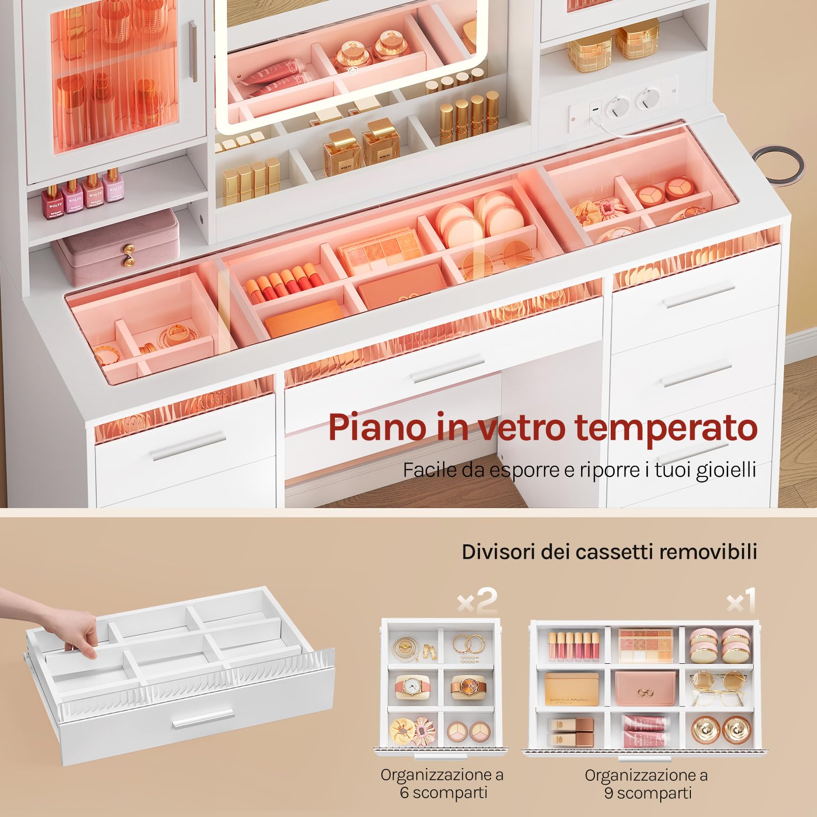 WOLTU Toeletta con Specchio e LED Regolabili, 2 Armadietti con Ante e Luci RGB, 9 Cassetti e Multipresa, Piano in Vetro Temperato, Postazione Trucco, per Camera da Letto, Cabina Armadio, Bianco