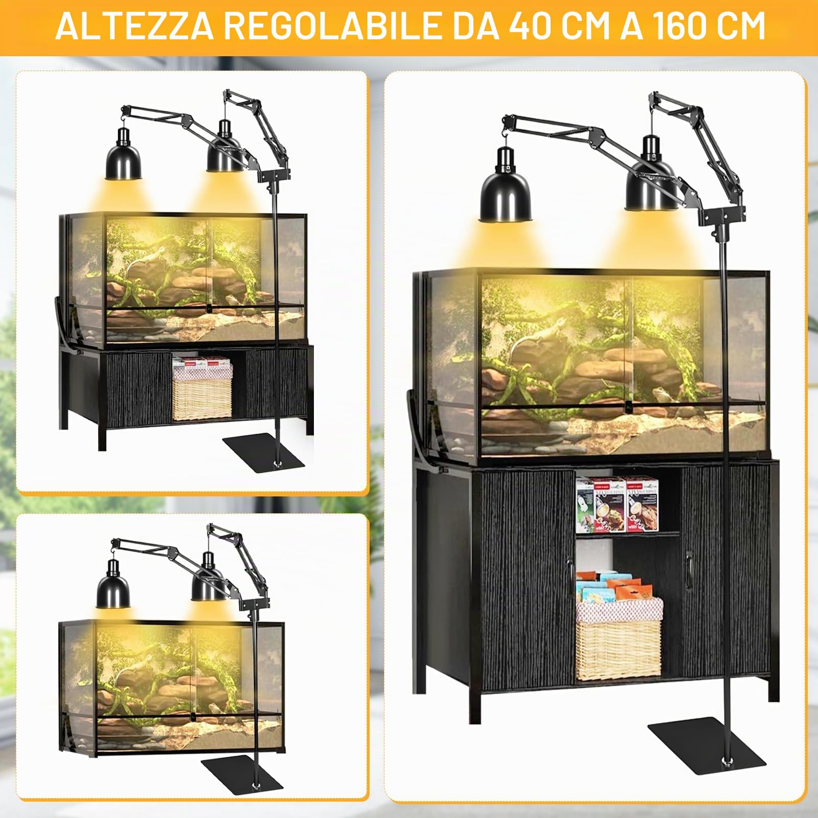 Supporto per Lampada per Rettili Regolabile, Portalampada per Acquario Altezza Regolabile 40-160CM, Rotazione a 360°, Porta Lampada Rettile con 2 Ganci per Tartaruga, Ragni, Terrario