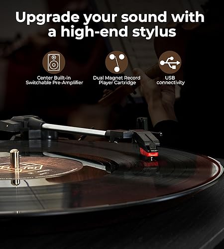 Miniatura 3 de Vangoa Tocadiscos de vinilo con 2 altavoces estéreo, tocadiscos de 3 velocidades accionados por correa para discos de vinilo compatible con entrada