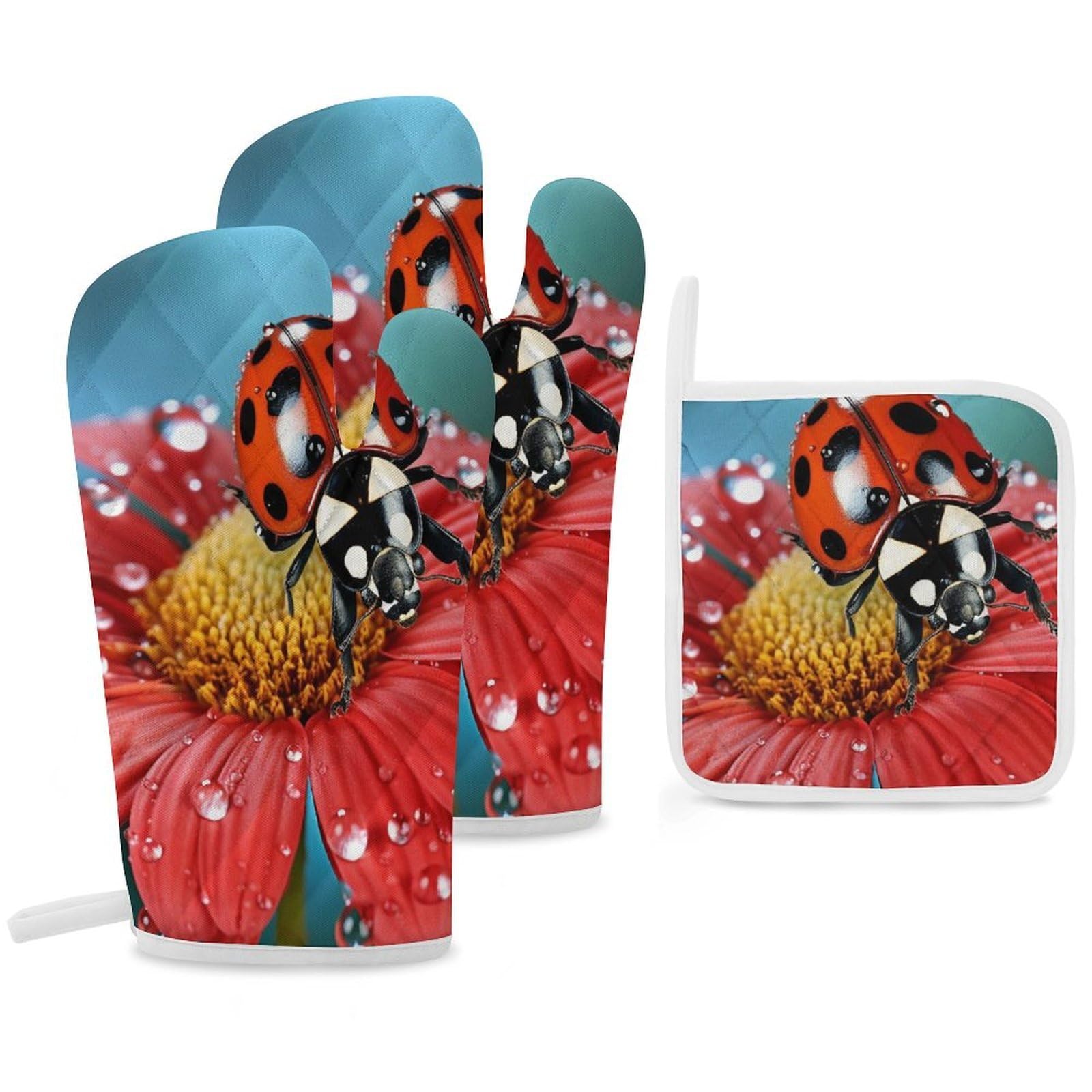 Oven Mitts And Pot Holders Sets of 3 Heat Resistant BBQ Gloves Ladybug Flower Oven Mitts Gloves Non-Slip Kitchen Mittens Potholders for Cooking Baking Grilling BBQ Microwave