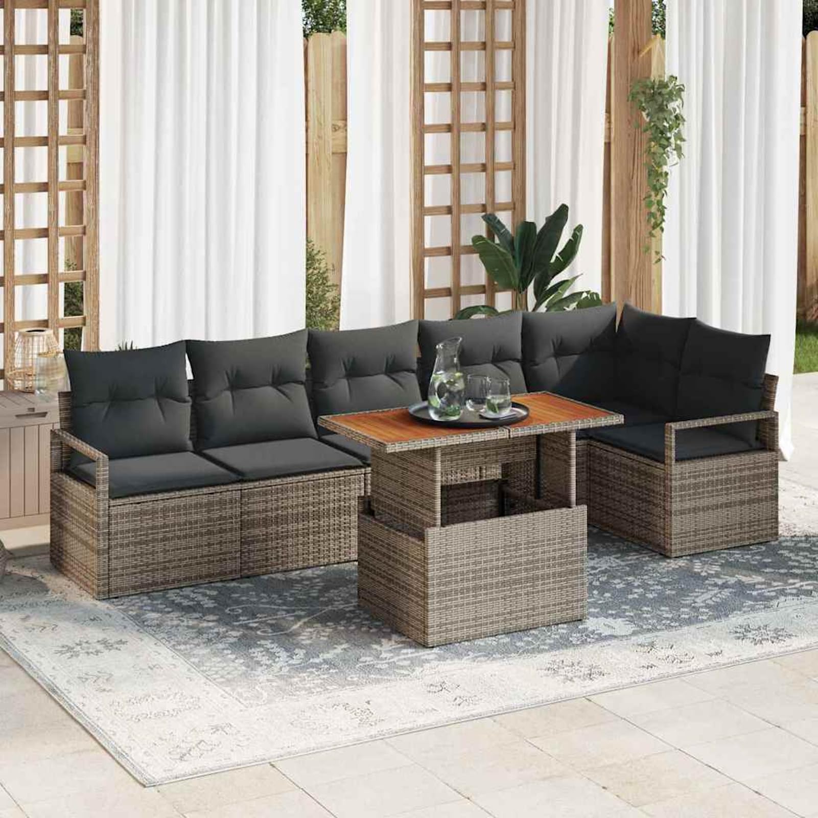 ATOMSTACK MAKER HOMELEN - Set di mobili da giardino in polyrattan, 7 pezzi, con cuscino, grigio e marrone, resistente alle intemperie, tavolo e sedie modulari, per terrazza, balcone, feste in giardino