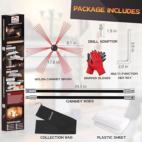 Miniatura 2 de Kit de limpieza de chimenea de 33 pies, kit de limpieza de chimenea con 10 varillas de chimenea negras flexibles, cepillo de chimenea, sistema de