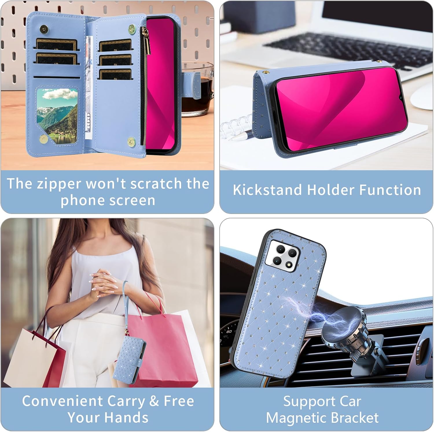 Compatible with T-Mobile Revvl 7 5G Wallet Case Zipper Cell Screen Protector Crossbody Strap Glitter Flip Card Holder Phone Cover for Tmobile Revvl7 T Mobile Revel Tmo Revell Rebel Women Light Blue