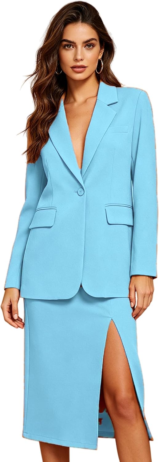 2 Piece Business Suit for Women Professional Casual Outfits Long Sleeve Blazer Midi Skirt with Slit for Office