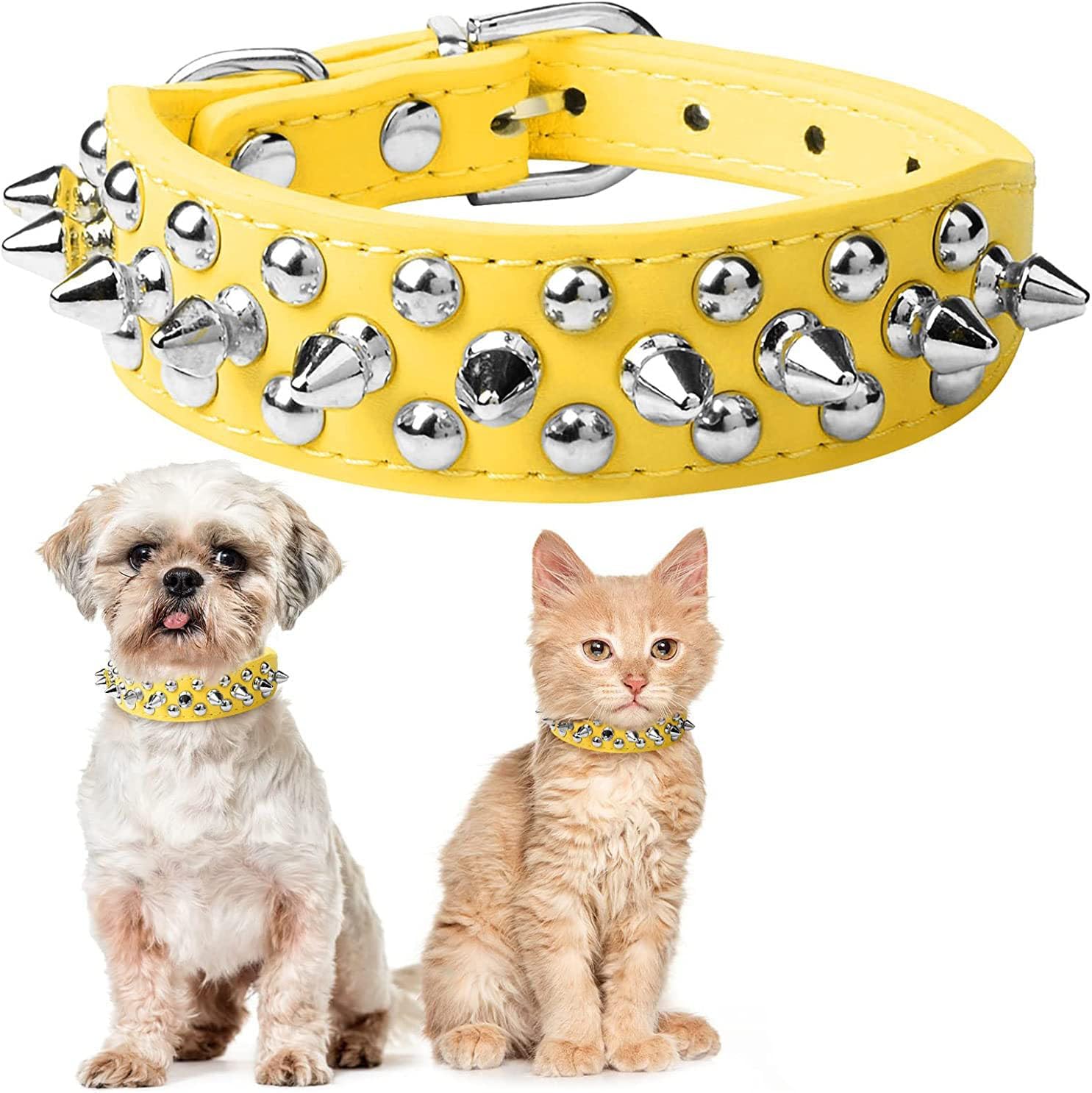 Spiked Studded Dog Collar, Adjustable Soft Leather Puppy Collar for Small Medium Dogs Bulldog Pitbull Mastiff Poodle Boxer (M, Yellow-2)