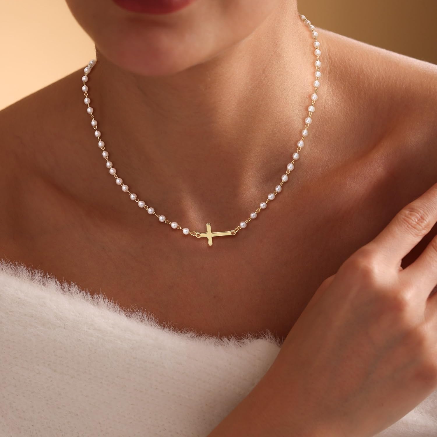 Tewiky 14K Gold Plated Cross Necklace for Women, Gold Pearl Necklace with Cross Pendant Dainty Cross Choker Necklace Trendy Faith Jewelry Religious Gifts - Image 5
