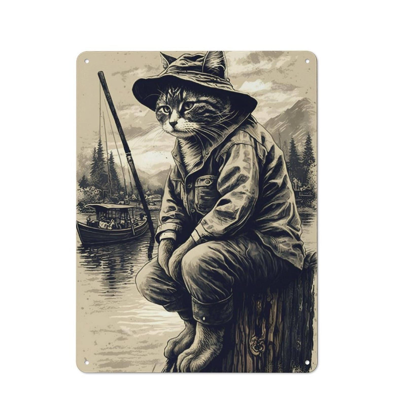 Junmoney Cat Fishing In A Lake Tin Sign 40X30cm For Workshop Wall, Retro Wall Decor, Suited To Metal Sign Collectors