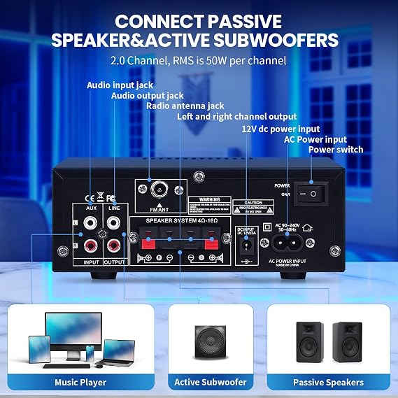 AMP-10 Bluetooth Audio Amplifiers 2.0CH 50WX2 RMS Stereo Amp Receivers | Mini Power Amplifier for Home Speaker Max.600W Output w/FM Radio, Echo, MIC, USB, SD Input for Home,Car Audio