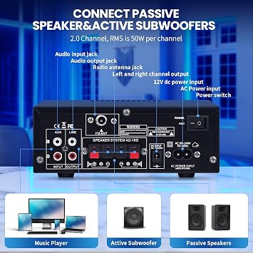 AMP-10 Bluetooth Audio Amplifiers 2.0CH 50WX2 RMS Stereo Amp Receivers | Mini Power Amplifier for Home Speaker Max.600W Output w/FM Radio, Echo, MIC, USB, SD Input for Home,Car Audio