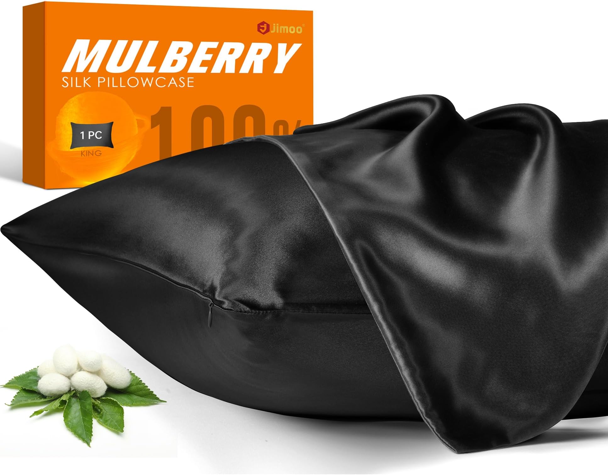100% Mulberry Silk Pillowcase for Hair and Skin, 22 Momme Pure Natural Silk Pillow Case Both Sided with Zipper, Pillow Cover for Women Mom Men (Black, King 20''ร36'', 1 Pack)