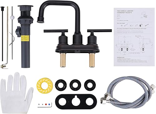 Miniatura 7 de WOWOW Grifo de baño de bronce aceitado para fregadero de baño, grifo de lavabo de 3 agujeros, grifo de tocador de 2 manijas con manguera de drenaje