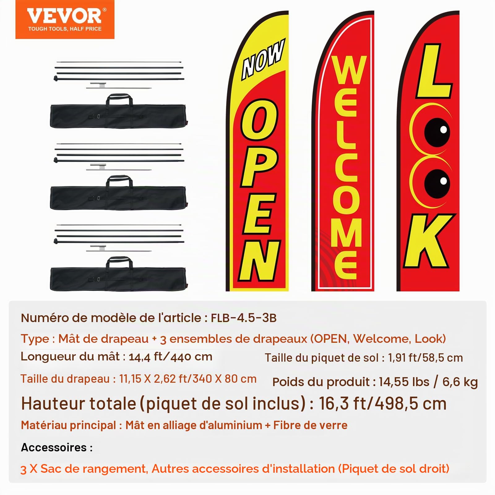 VEVOR Kit mâts de drapeau avec drapeaux plumes publicitaires, 3 drapeaux LOOK/OPEN/WELCOME, 3 poteaux, 3 piquets de sol, hauteur totale 498,5 cm pour entreprises, événement sportif, activité promo