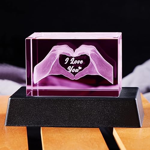 Regalo de cristal 3D con texto en inglés I Love You para mujeres y hombres grabado en 3D gesto de corazón para novio esposa aniversario cumpleaños