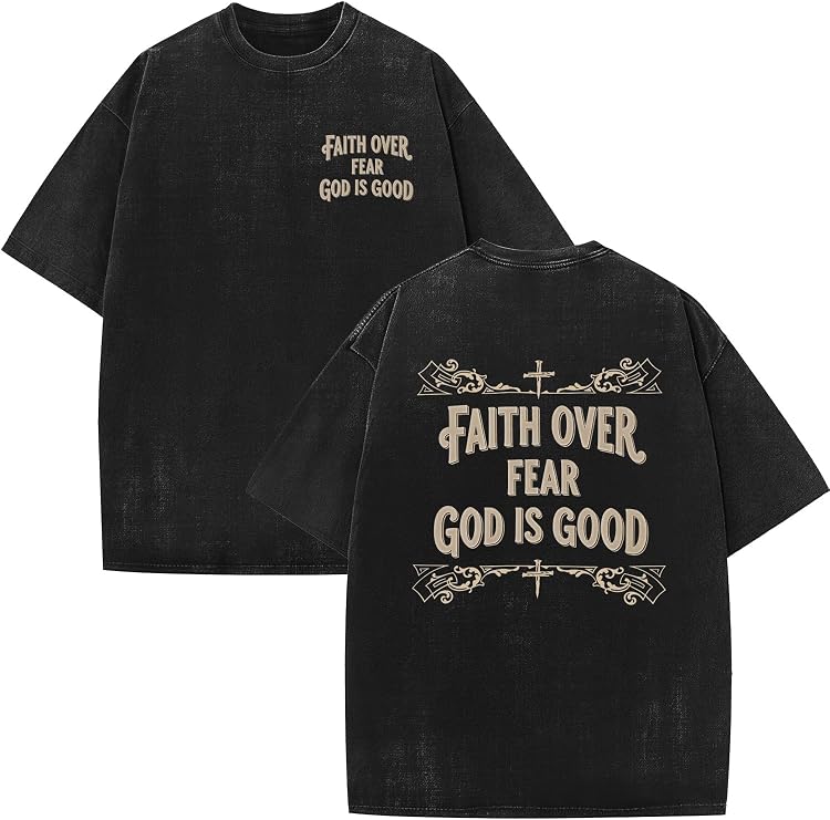 Men's Christian Jesus Shirt Faith Over Fear T-Shirt, Oversized Acid Wash Graphic Tee, Religious God Tee for Daily Wear