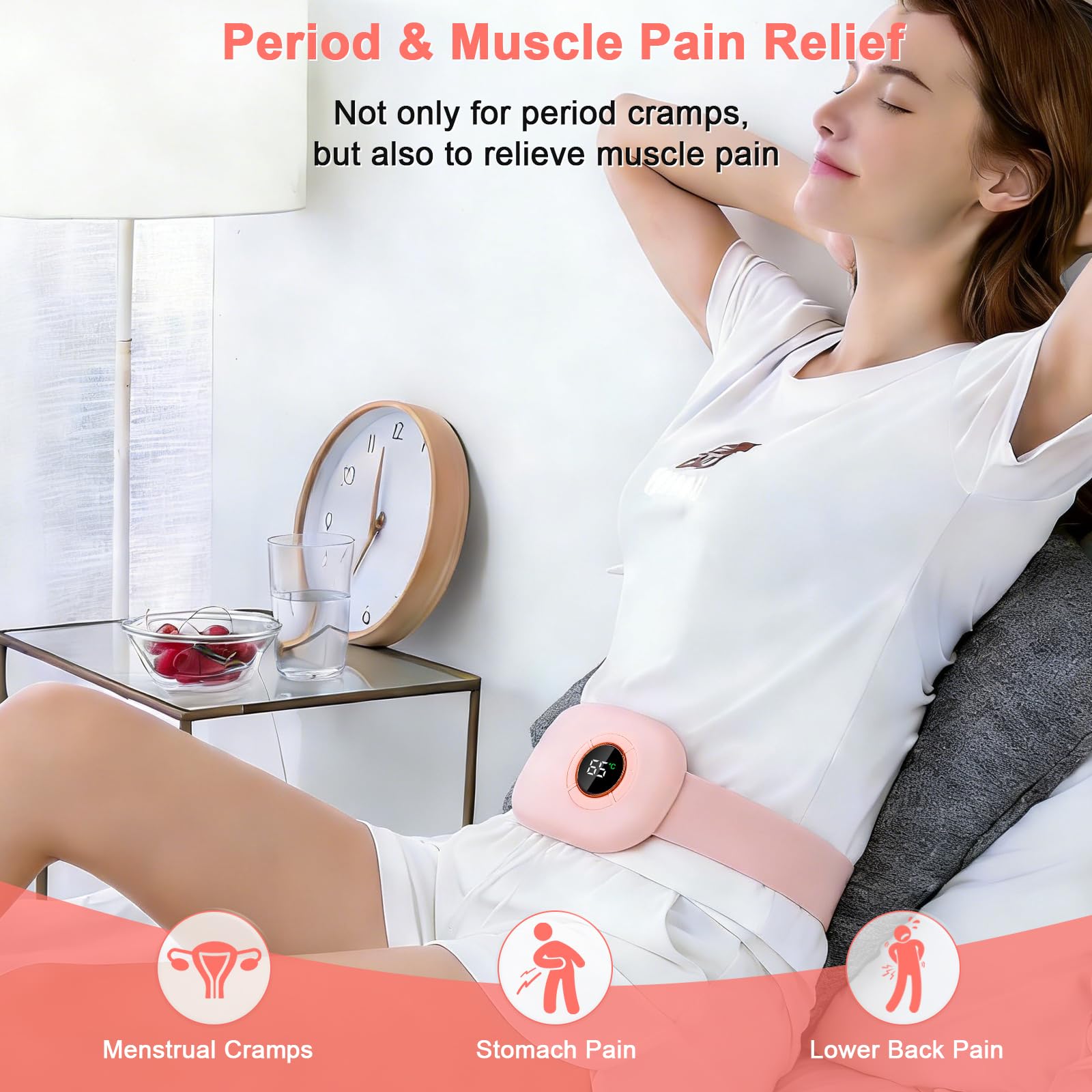 Ceinture chauffante et massante regle douloureuse, iklestar ceinture menstruelle chauffante avec minuterie, 6 modes de température et de massage, coussin chauffant menstruel