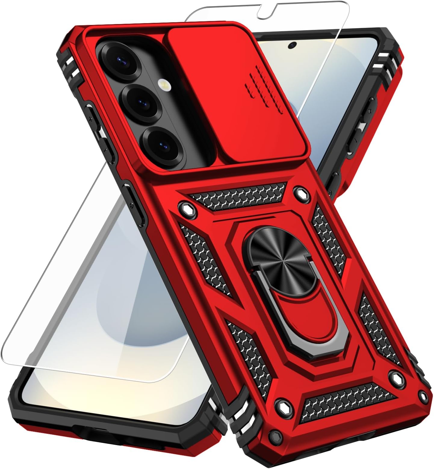 for Samsung Galaxy S23 FE Case,Galaxy S23 FE Case,with Slide Camera Cover+ HD Screen Protector,Rotated Ring Kickstand Military Grade Shockproof Protective Cover-Red
