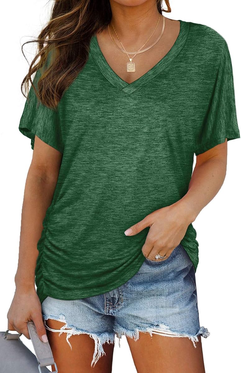 Camisetas de verano para mujer de WIHOLL Camisetas Dolman de manga corta y cuello en V con camisas de ajuste holgado de plisado lateral Moda de primavera