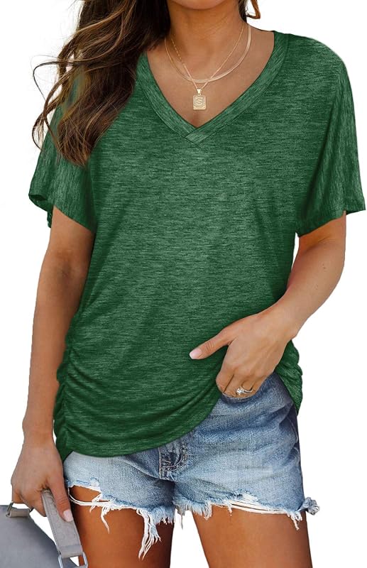 Camisetas de verano para mujer de WIHOLL Camisetas Dolman de manga corta y cuello en V con camisas de ajuste holgado de plisado lateral Moda de primavera