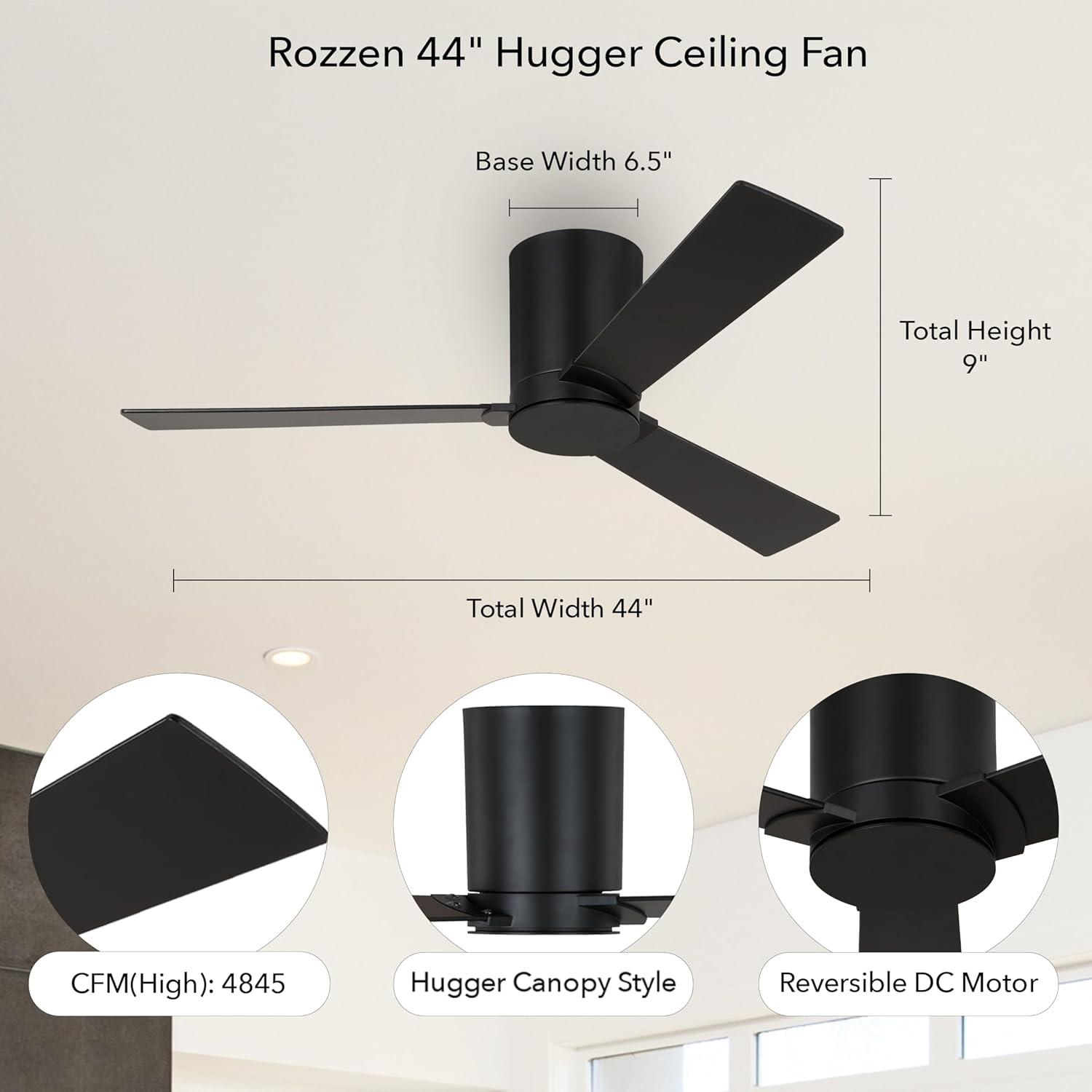 Generation Lighting 3RZHR44MBK Rozzen Flush Mount/Hugger Indoor/Outdoor Damp Rated 44" Ceiling Fan with Remote, 3 Reversible Plywood Blades, Midnight Black