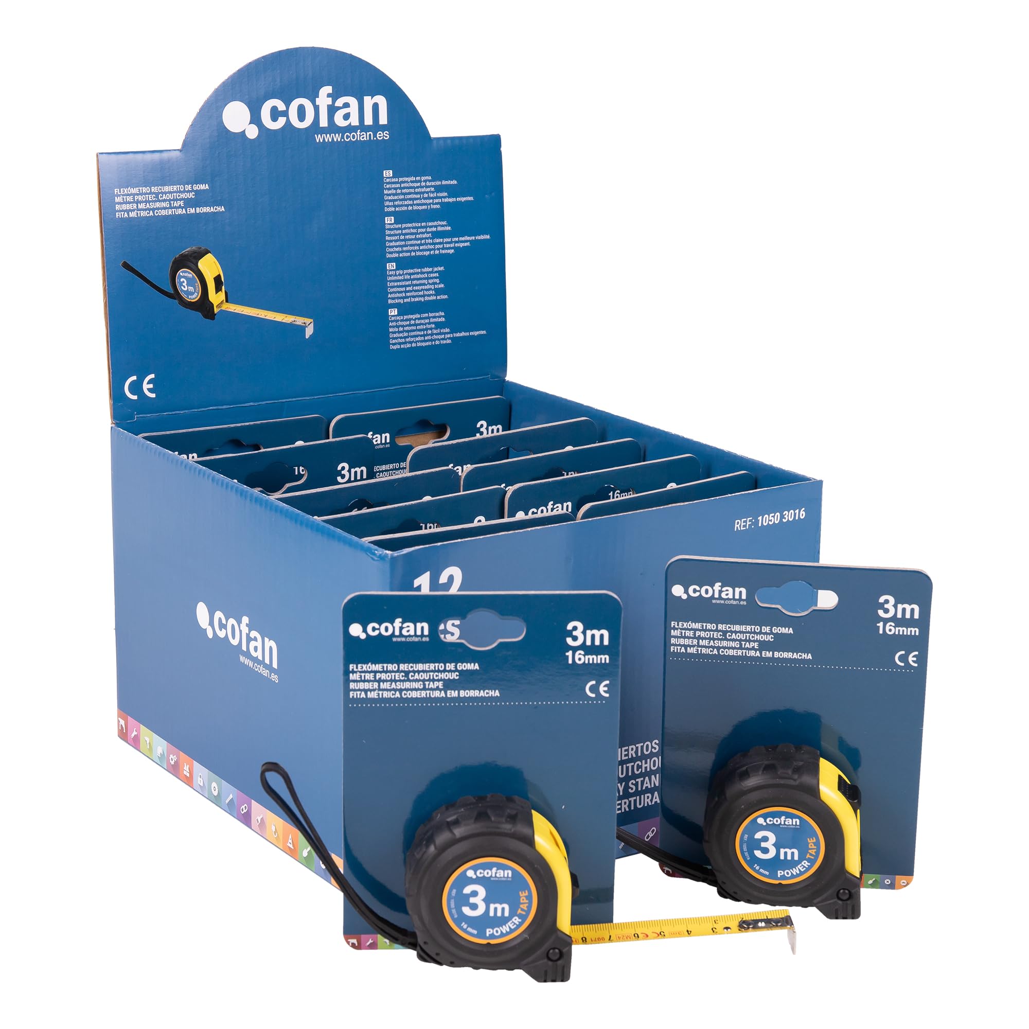 Cofan Espositore per flessometri con protezione in gomma di Cofan | Include 12 flessometri | Flexometro 3 m x 16 mm (foglia) | Misura espositore: 21,8 x 24,5 x 15,3 cm