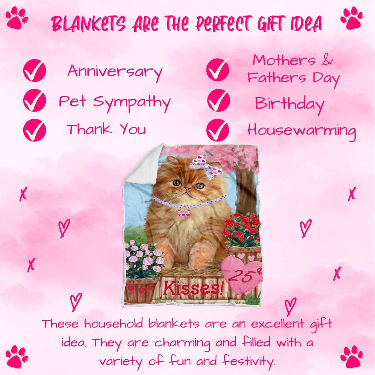 Rosie 25 Cent Kisses Persian Cat Blanket - Lightweight Soft Cozy and Durable Bed Blanket - Animal Theme Fuzzy Blanket for Sofa Couch BLNKT61456 (50x60 Sherpa)